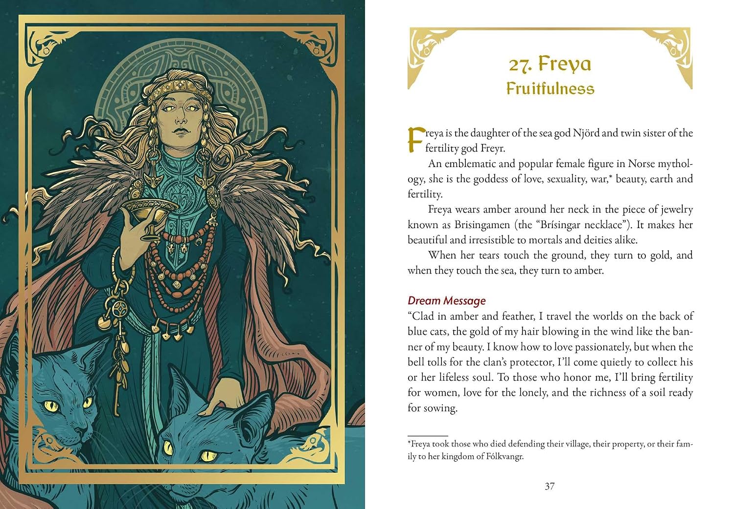 A printed book or magazine spread showing a decorative fantasy illustration of a woman with flowing hair and ornate teal border art on the left page, with text columns titled '27. Freya Fruitfulness' on the right page.