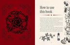 An open book spread with a deep red left page featuring a black line-art illustration of a potion bottle, and a cream right page titled 'How to use this book' with small text and black botanical illustrations along the margin.
