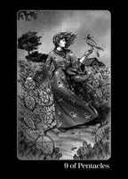 Black and white tarot card featuring a woman in a long dress with pentacle symbols, holding a bird.