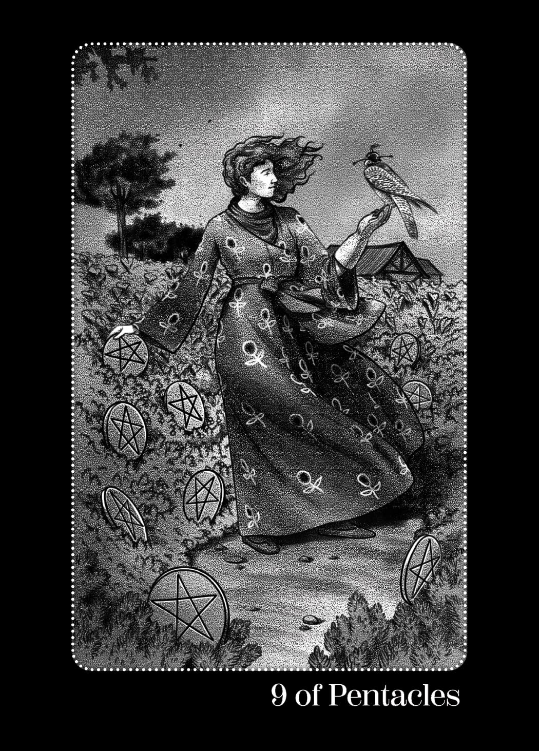 Black and white tarot card featuring a woman in a long dress with pentacle symbols, holding a bird.