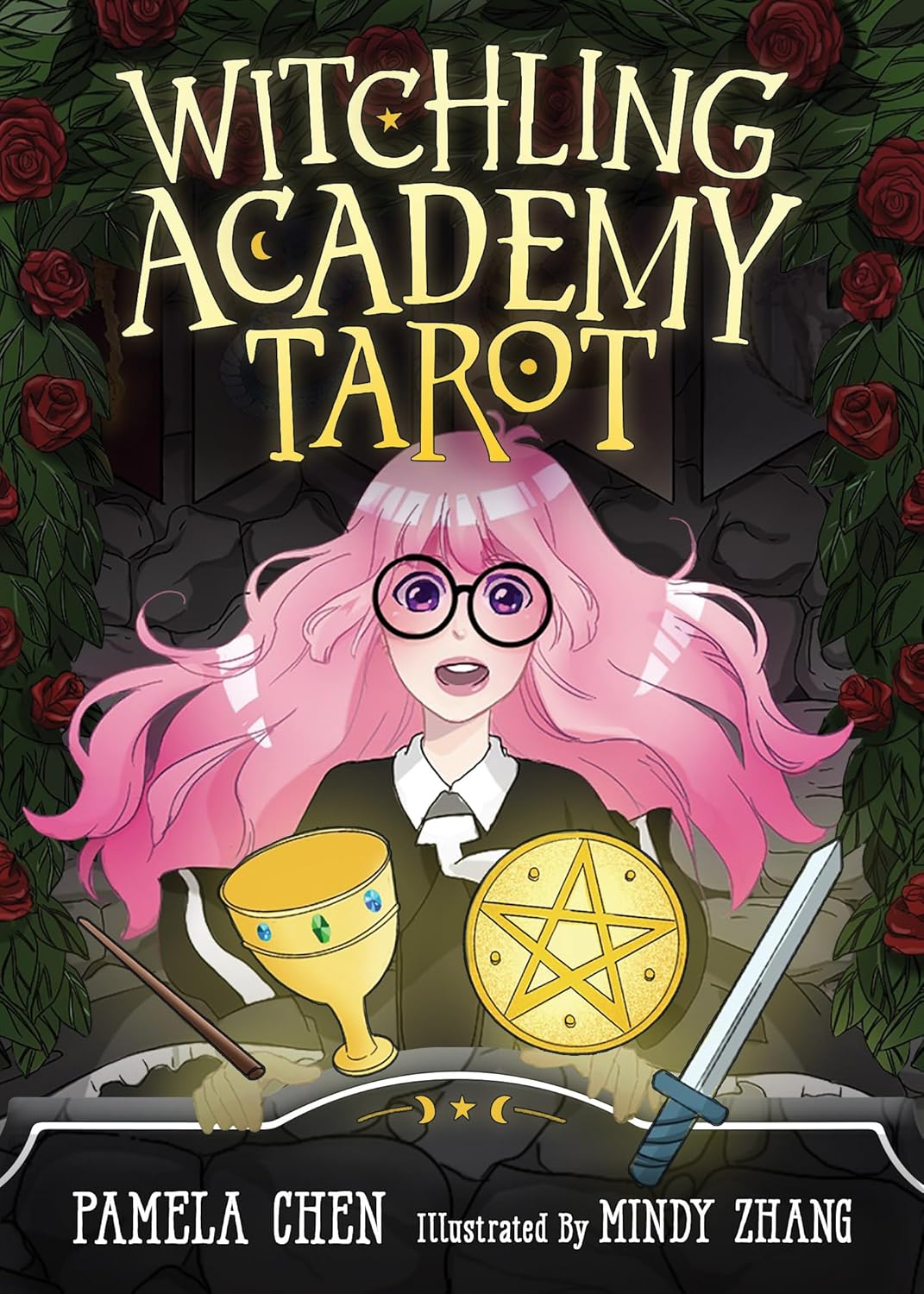 Cover of 'Witchling Academy Tarot' with a character holding a pentacle and sword, surrounded by roses.