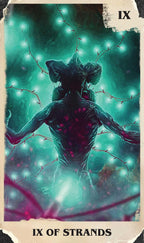 Card titled 'IX of Strands' with a dark figure and glowing green branches.