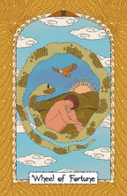 A tarot-style card illustration labeled 'Wheel of Fortune' with a golden ornamental border, a blue sky background, clouds, a snake, a seated figure, and a sun.