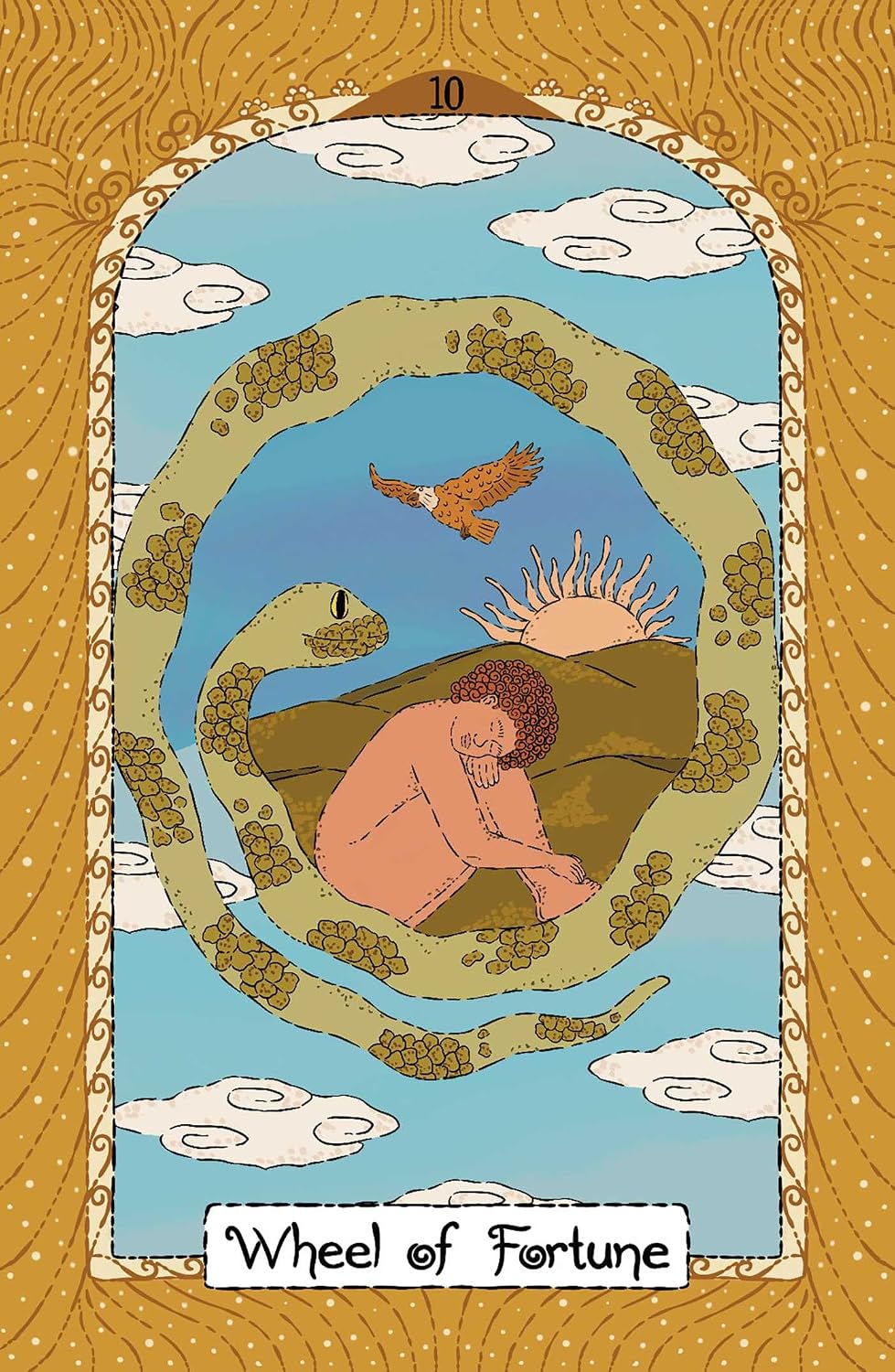 A tarot-style card illustration labeled 'Wheel of Fortune' with a golden ornamental border, a blue sky background, clouds, a snake, a seated figure, and a sun.