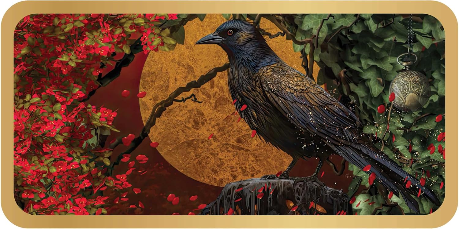 Bird perched on a branch with a red flower and green leaves in the background