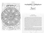 Page from a book with a black and white illustration of a leaf design and text on 'Respect'.