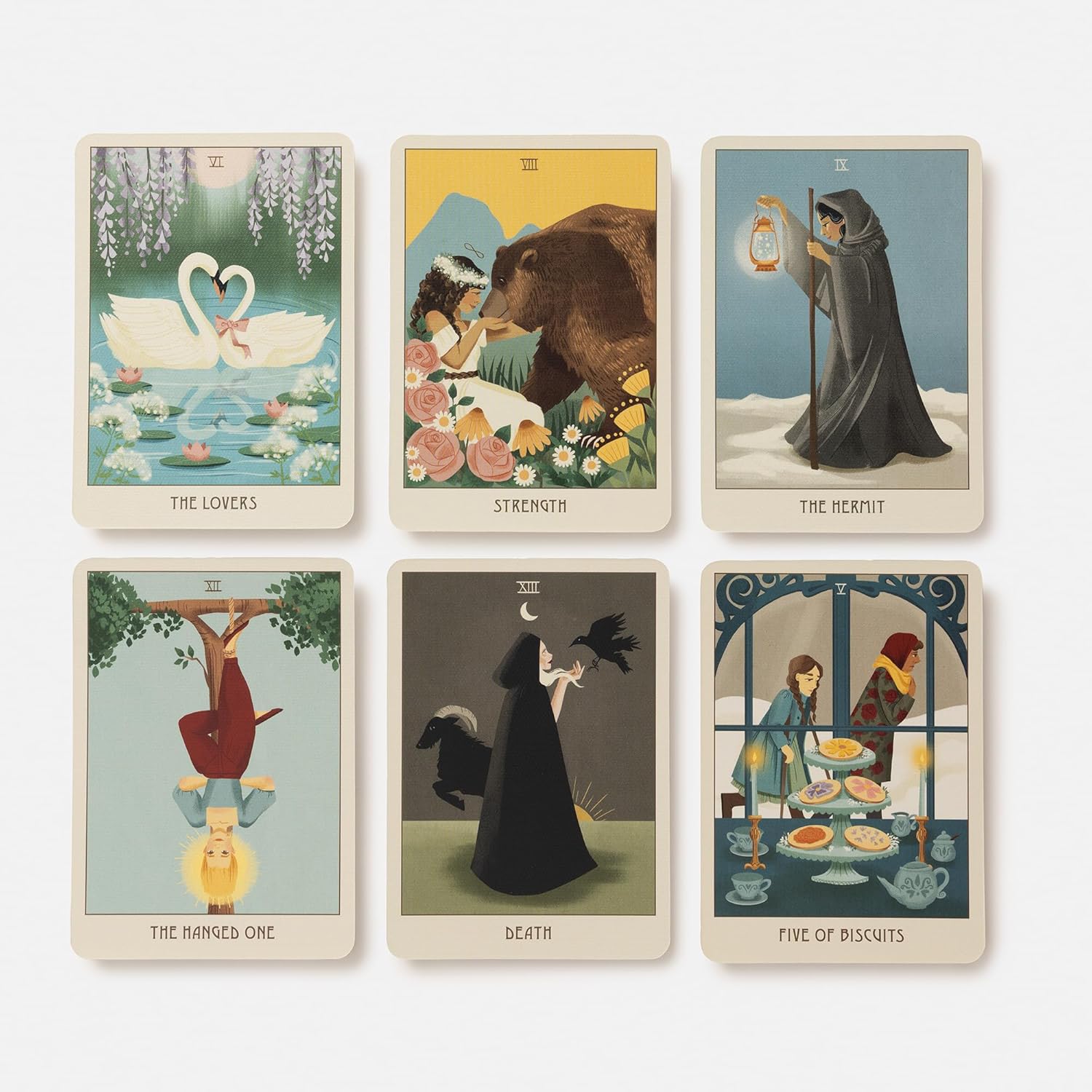 Set of six tarot cards with illustrated scenes and card names.