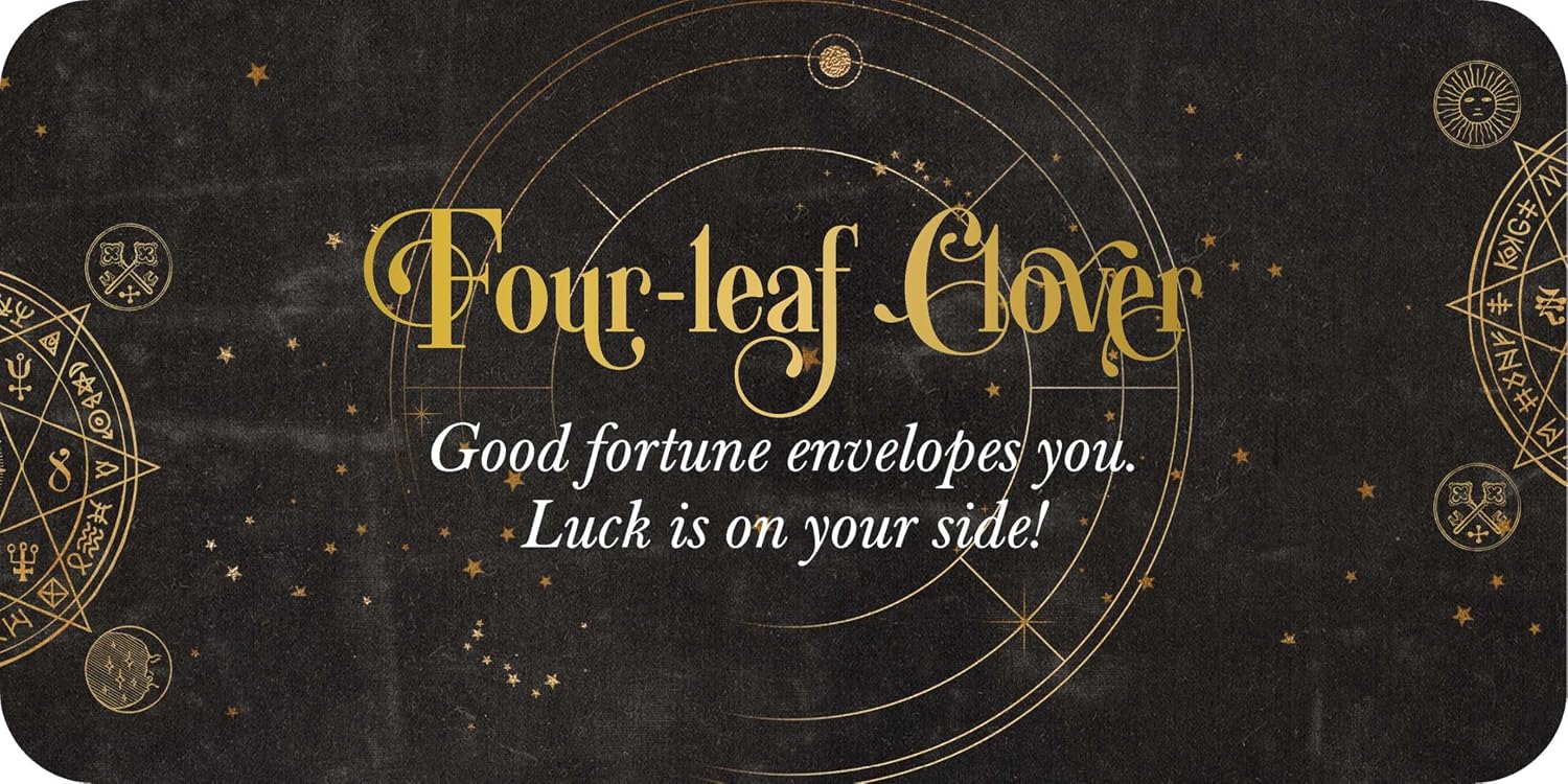 Decorative card with 'Four-leaf Clover' text and symbols on a dark background