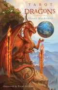 Book cover of 'Tarot of Dragons' featuring a dragon with a fiery staff and a globe, on a mountainous landscape.