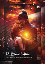 Couple embracing with a warm glow, surrounded by hearts and light, with text '12. Reconciliation' and 'The Magick of Restoration'.