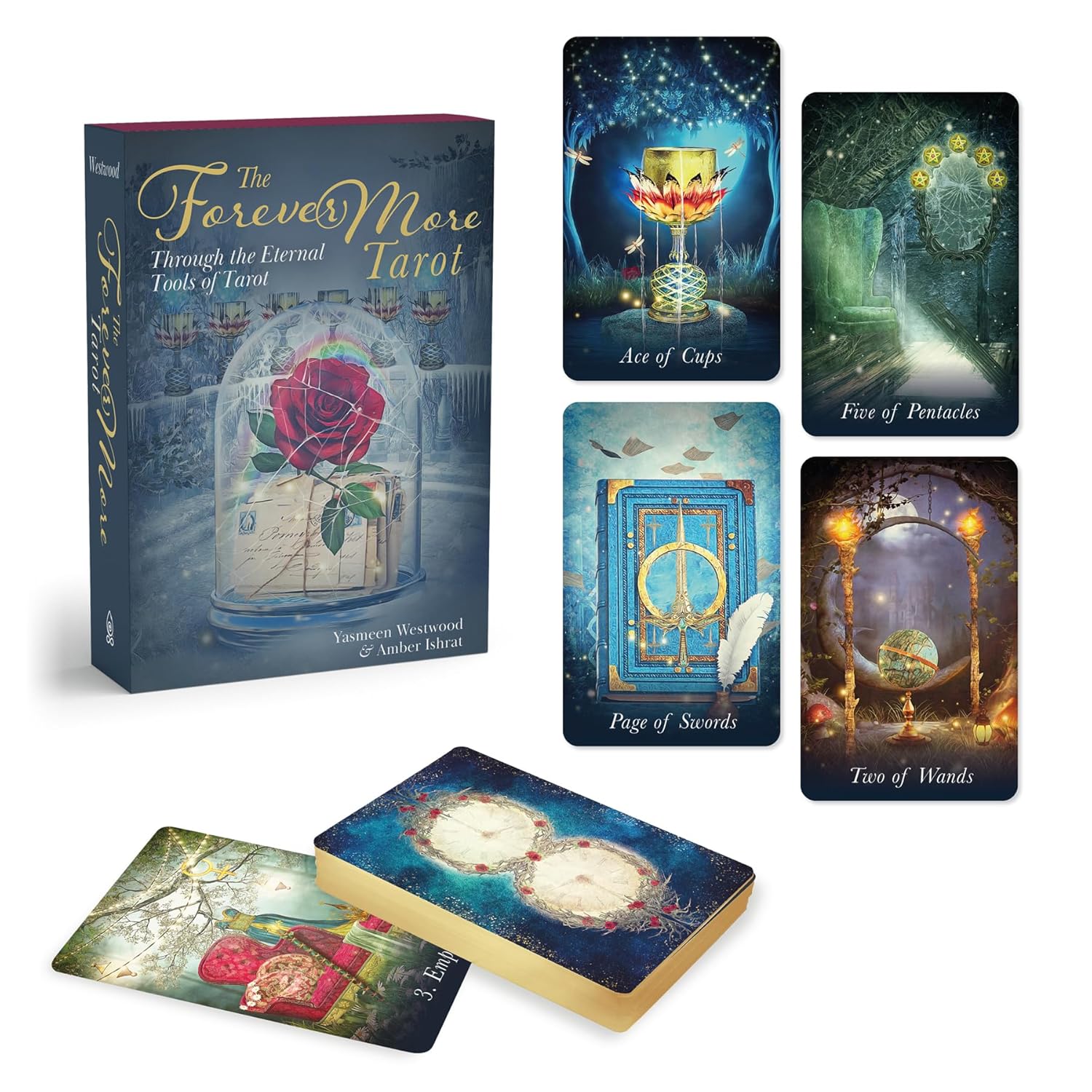 Tarot card set with 'The Forever More Tarot' box and selected cards displayed.