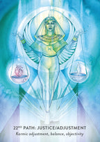 Illustration of a figure holding scales with a celestial background, representing the 22nd Path: Justice/Adjustment.