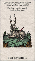 Card with a deer, arrow, and text 'The heart has its remedy but love has none' on a textured background.