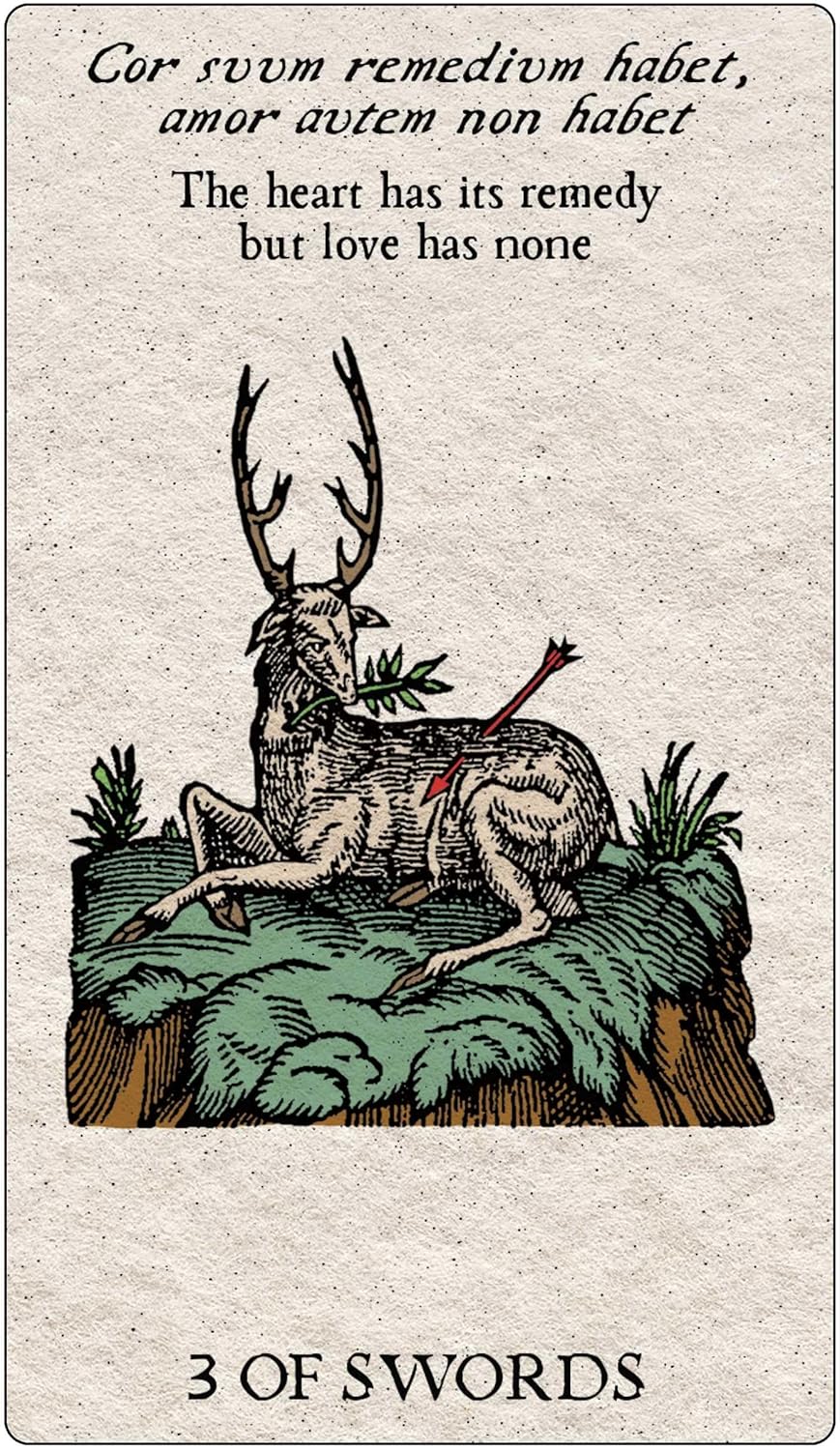 Card with a deer, arrow, and text 'The heart has its remedy but love has none' on a textured background.