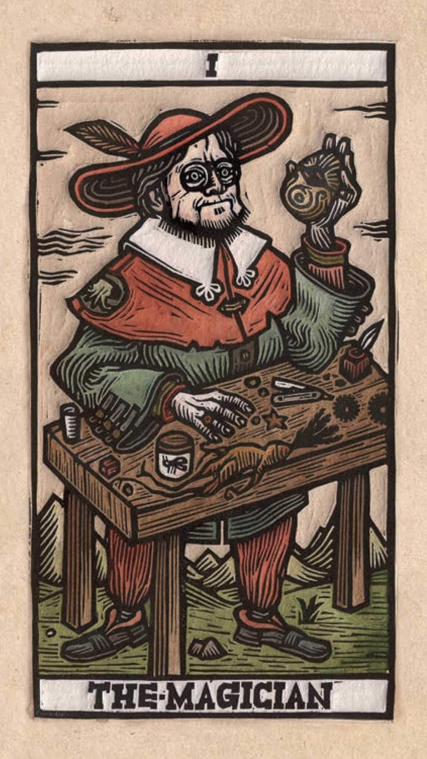 Card from a tarot deck featuring 'The Magician' with a person in a red hat and coat at a table.