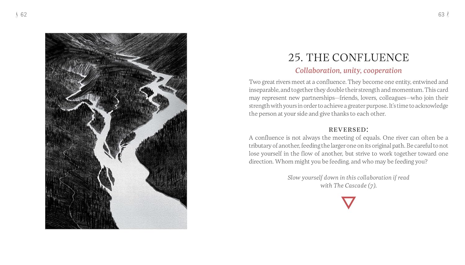 Book page with black and white illustration of a river and text about 'The Confluence'.