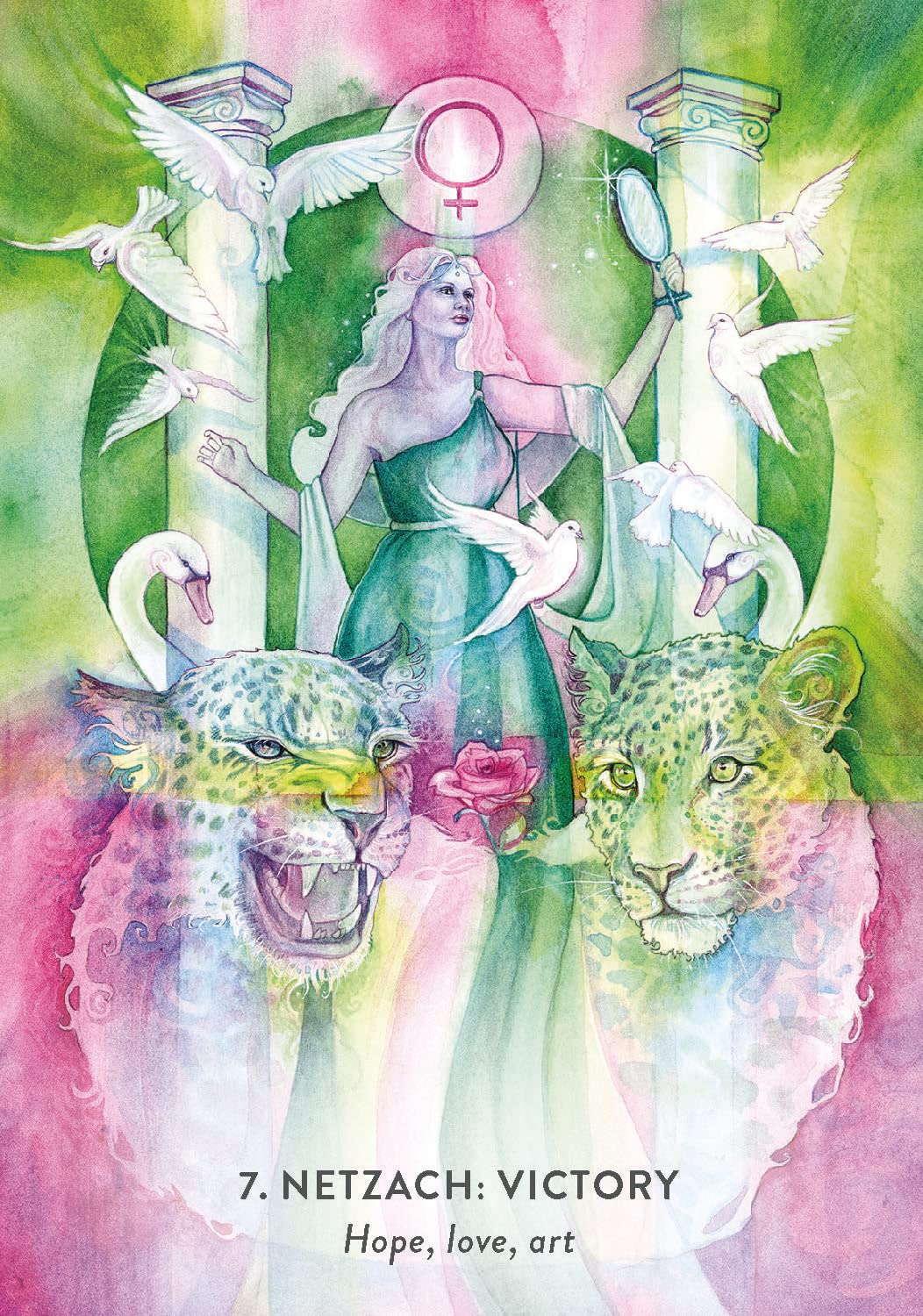 Colorful illustration of a woman surrounded by animals with 'Netzach: Victory' text
