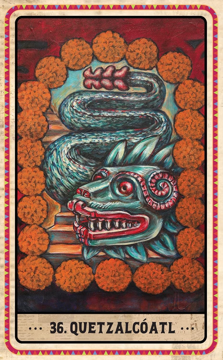A stylized tarot card illustration titled '36. QUETZALCOÁTL' at the bottom.
