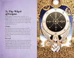 Decorative card with 'The Wheel of Fortune' from a tarot or oracle deck, featuring intricate gold and blue design.