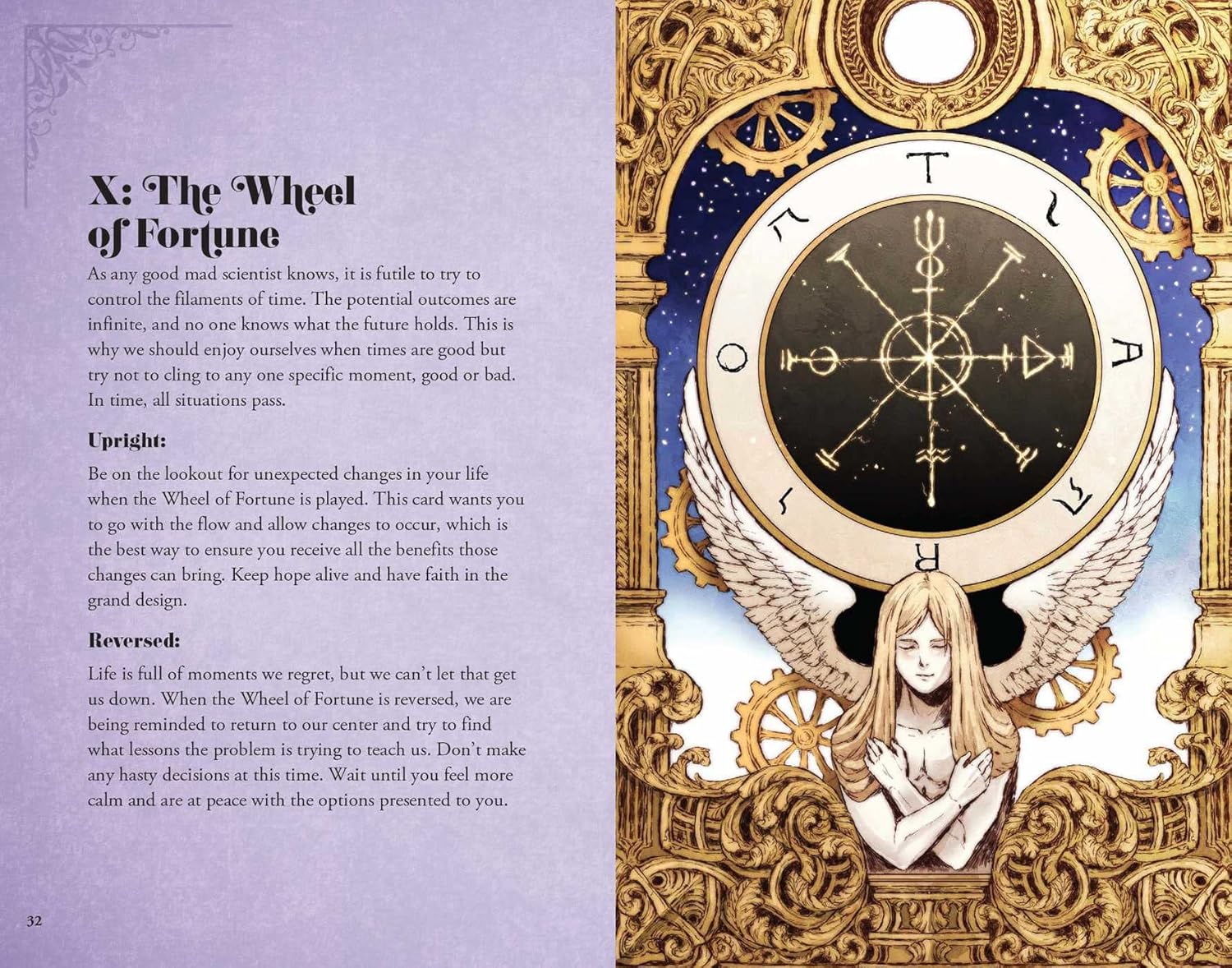Decorative card with 'The Wheel of Fortune' from a tarot or oracle deck, featuring intricate gold and blue design.