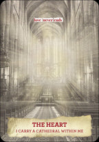 Cathedral interior with text overlay 'love never ends' and 'The Heart I Carry a Cathedral Within Me'.