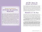 Book page with text on Oracle Cards and Healing Activators, featuring a purple and white color scheme.