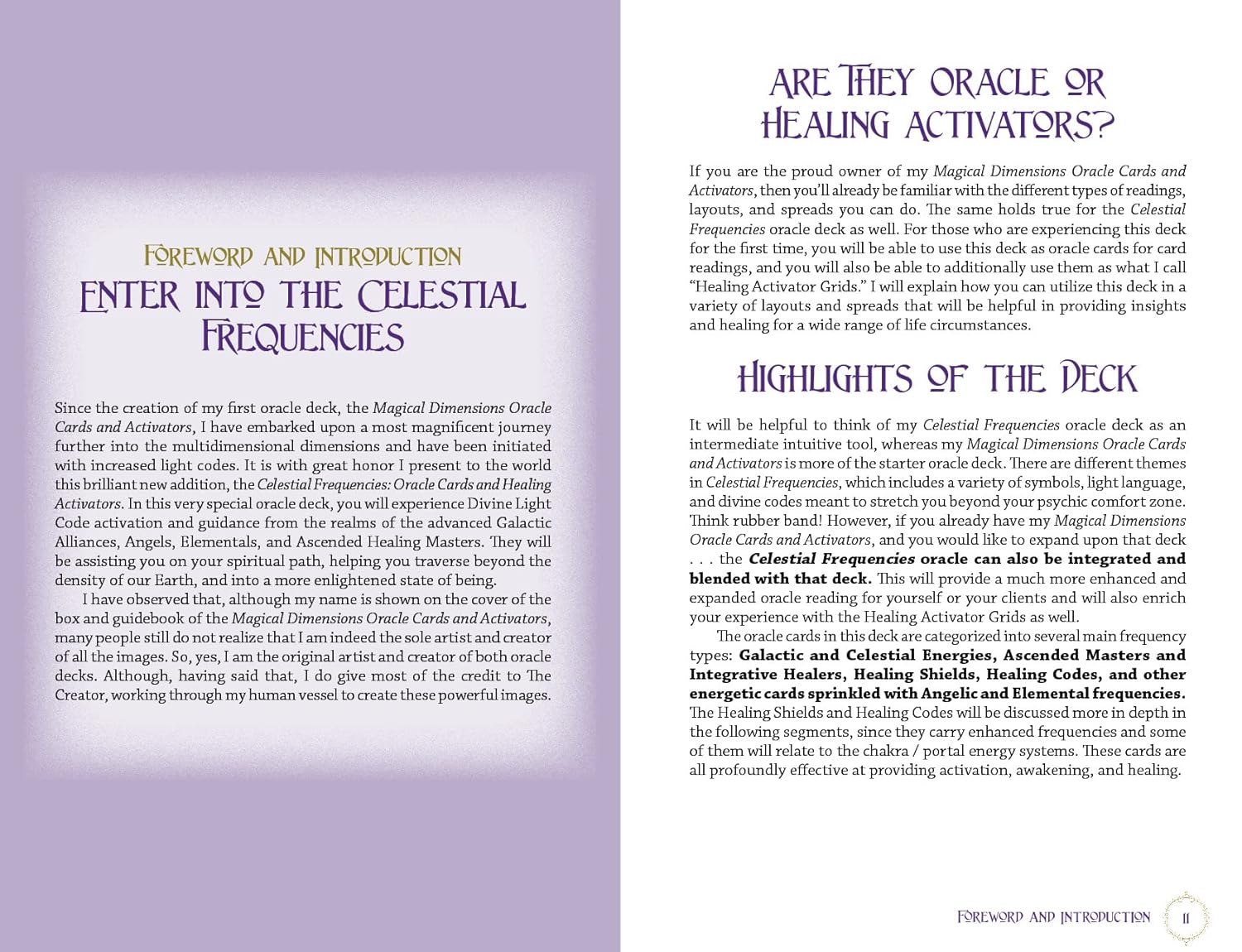 Book page with text on Oracle Cards and Healing Activators, featuring a purple and white color scheme.