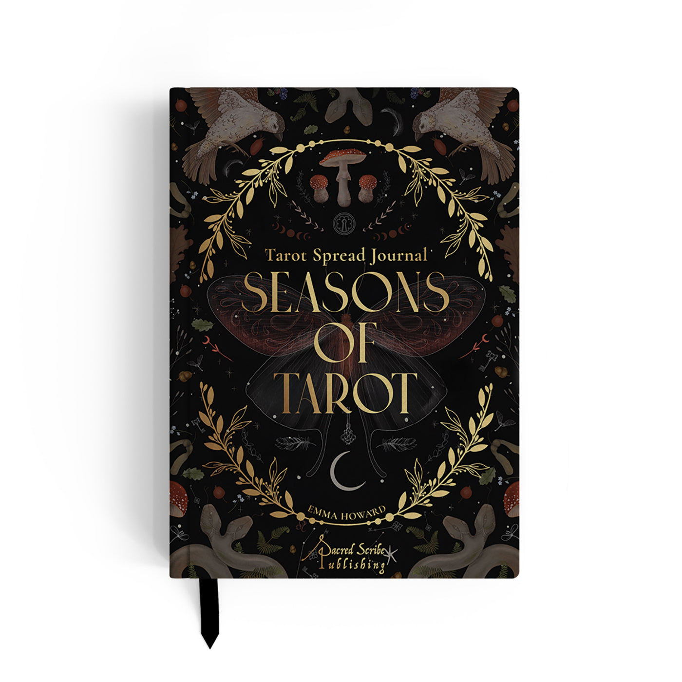 Tarot Spread Journal titled 'Seasons of Tarot' with decorative elements on a dark background