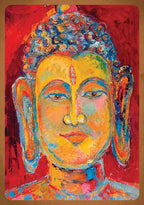 Colorful abstract painting of a Buddha face on a red background