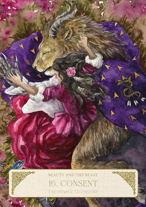 Illustration of a woman in a purple dress with a goat, surrounded by flowers, with text 'Beauty and the Beast 16. Consent The Power to Choose'.