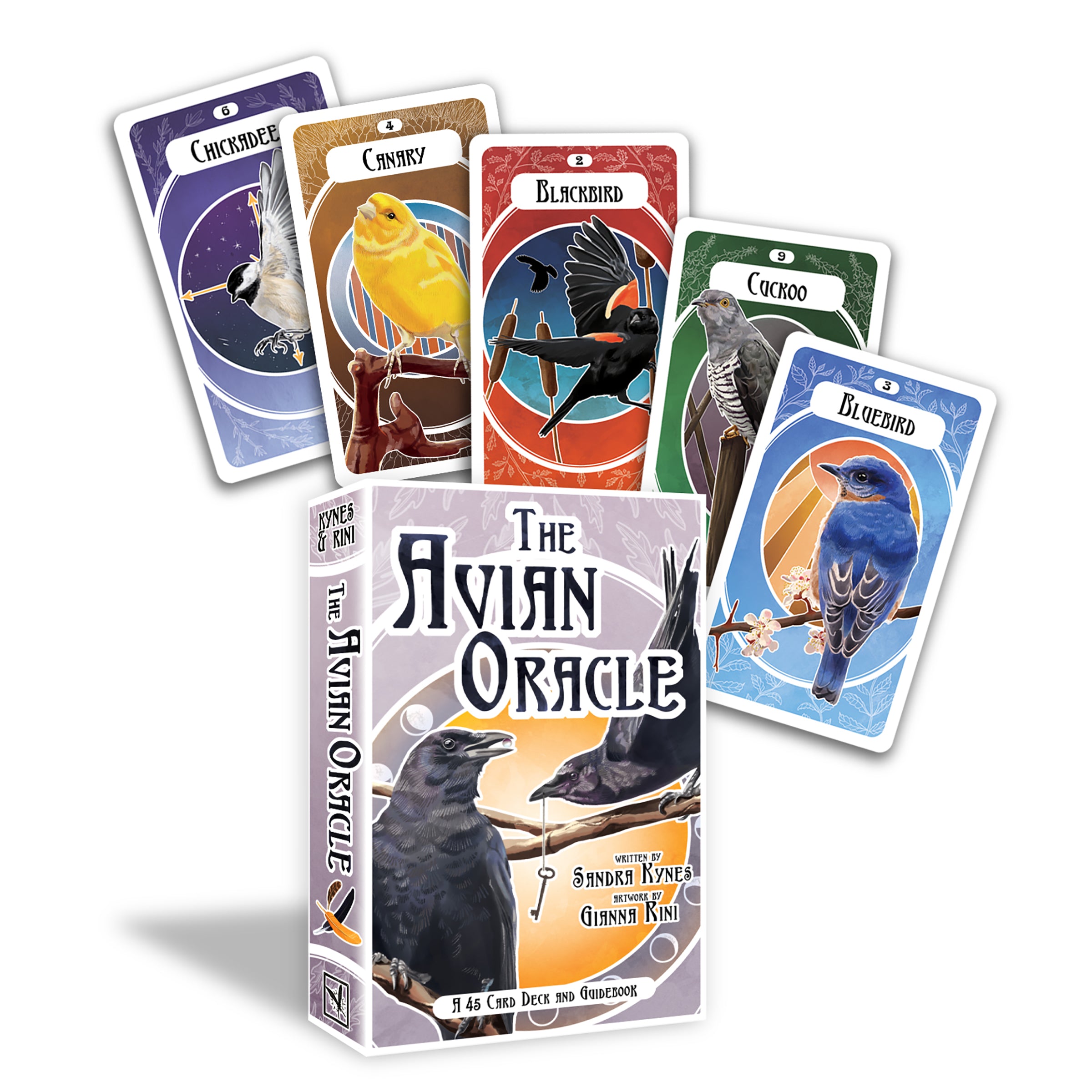Set of cards from 'The Avian Oracle' with colorful illustrations of various birds on a white background.