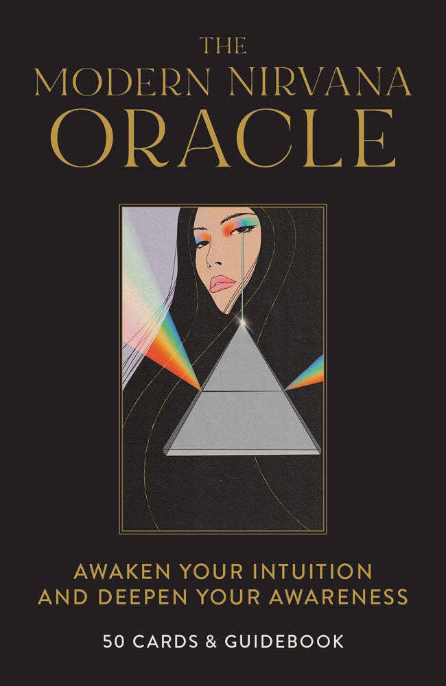 Card deck cover of 'The Modern Nirvana Oracle' with a stylized illustration of a woman's face and geometric shapes on a black background.