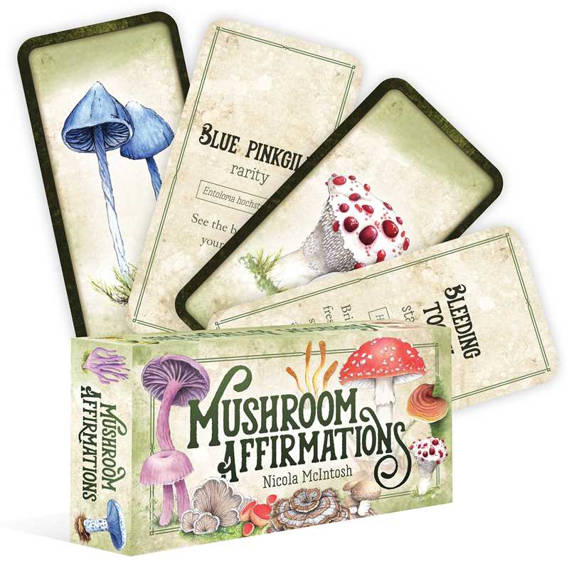 Mushroom-themed affirmation cards with colorful illustrations on a white background