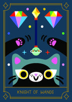 Cartoon cat with colorful wands and gemstones on a dark blue background