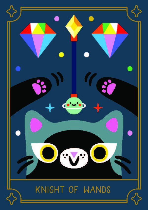 Cartoon cat with colorful wands and gemstones on a dark blue background
