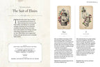 Magical book or notebook with illustrations of elixirs and text on a white background