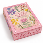 Plant Guardians Oracle card deck guidebook box, featuring a pink cover decorated with colorful botanical illustrations and the title 'Plant Guardians Oracle'.