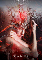 Artistic depiction of a person with antlers holding their head, surrounded by red and black elements with 'Growth Pain' text.