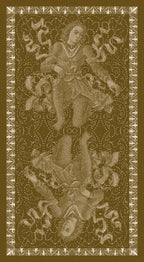 Decorative design with a central figure and decorative elements on a brown background