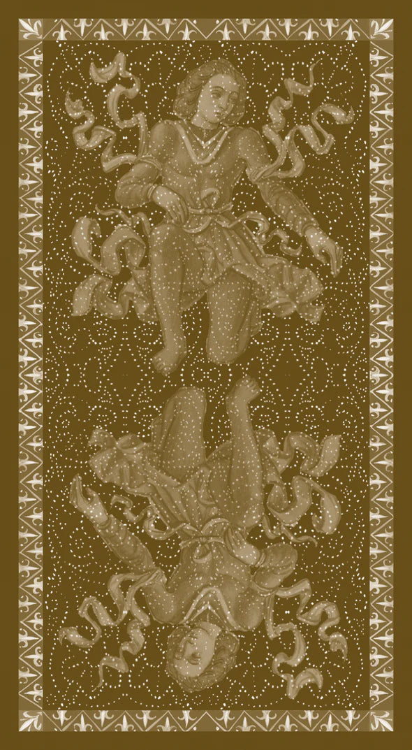 Decorative design with a central figure and decorative elements on a brown background