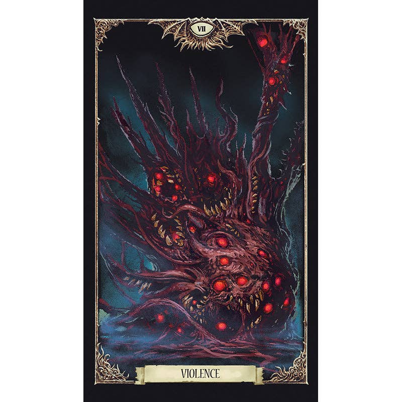 Artistic depiction of a monstrous creature with red eyes and the word 'Violence' at the bottom.