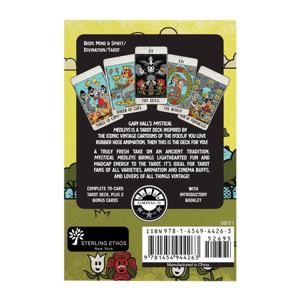 Back cover of a tarot card deck with illustrations and text on a white background