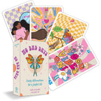 Colorful affirmation cards with illustrations and a card holder on a white background