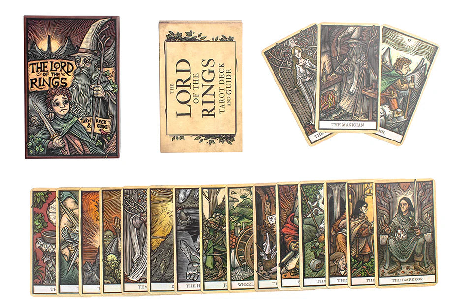 Collection of 'The Lord of the Rings' tarot cards with packaging and guidebook on a white background.