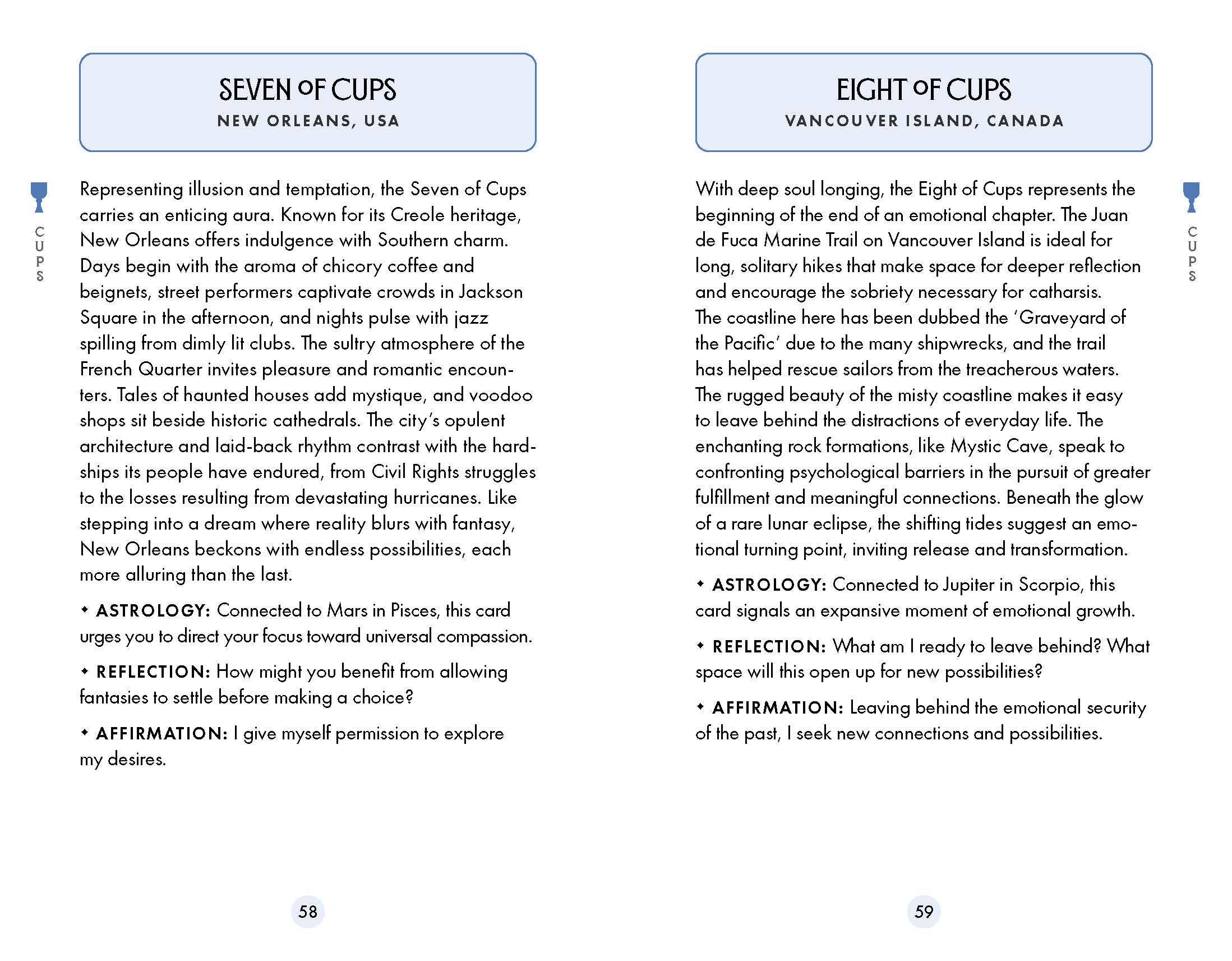Two pages from a book or magazine featuring descriptions of 'Seven of Cups' and 'Eight of Cups' from a tarot or oracle card set.