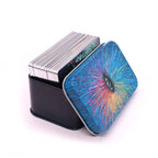 Colorful card box with a deck of cards on a white background