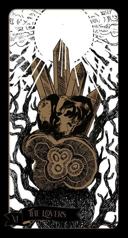 Tarot card featuring a crown and owl with 'The Lovers' text on a black and white background