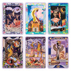 Set of colorful tarot cards with intricate designs and characters.