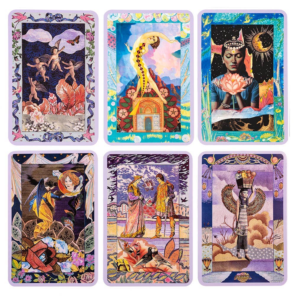 Set of colorful tarot cards with intricate designs and characters.
