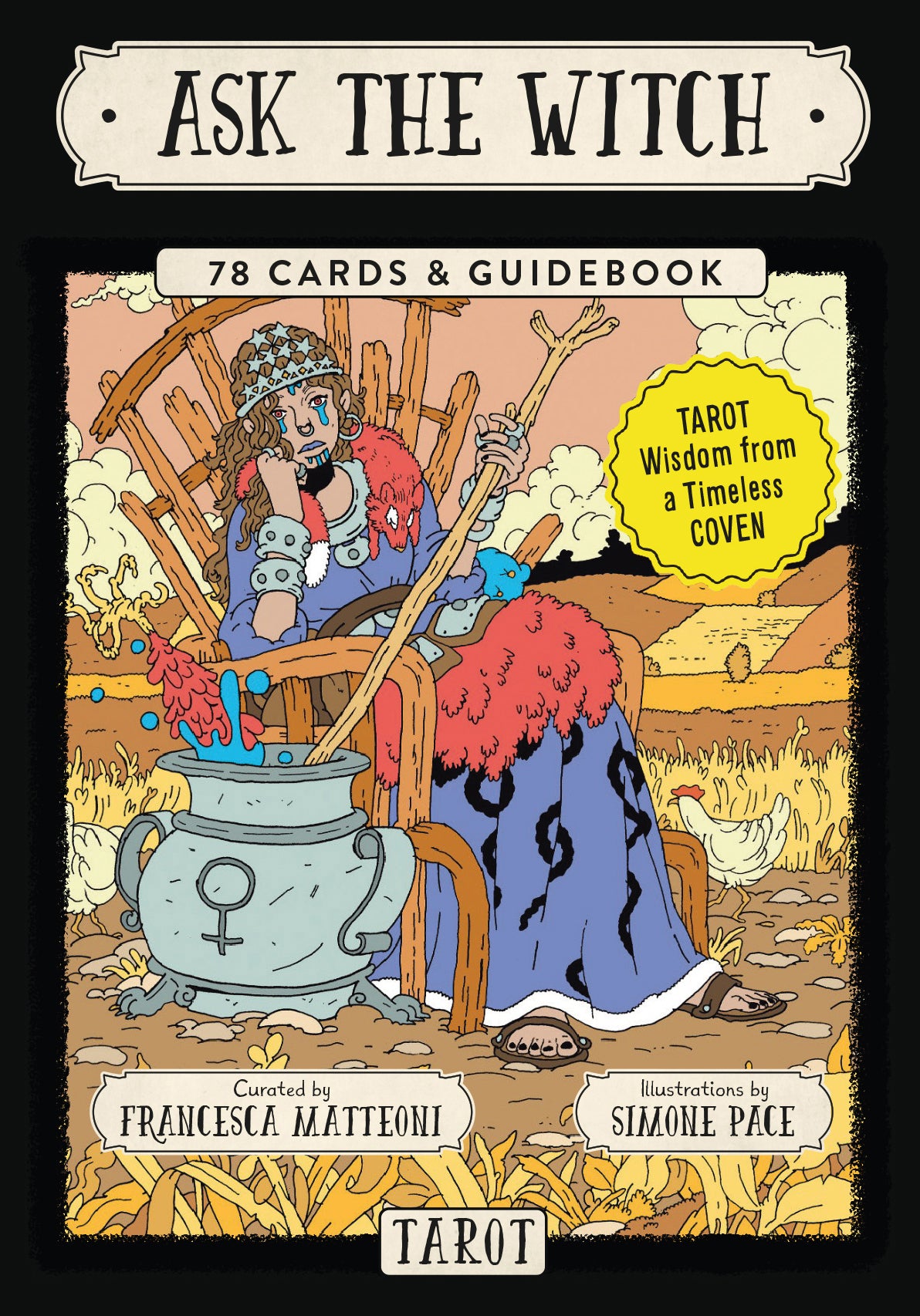 Tarot card book cover with a witch in a chair and a cauldron, titled 'Ask the Witch'.